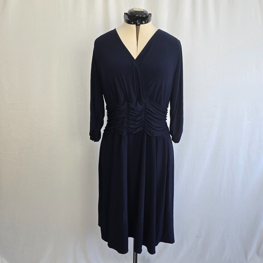 NY Collections Ruched Dress Women's 1X Navy Blue Stretch V-Neck Knee NWT